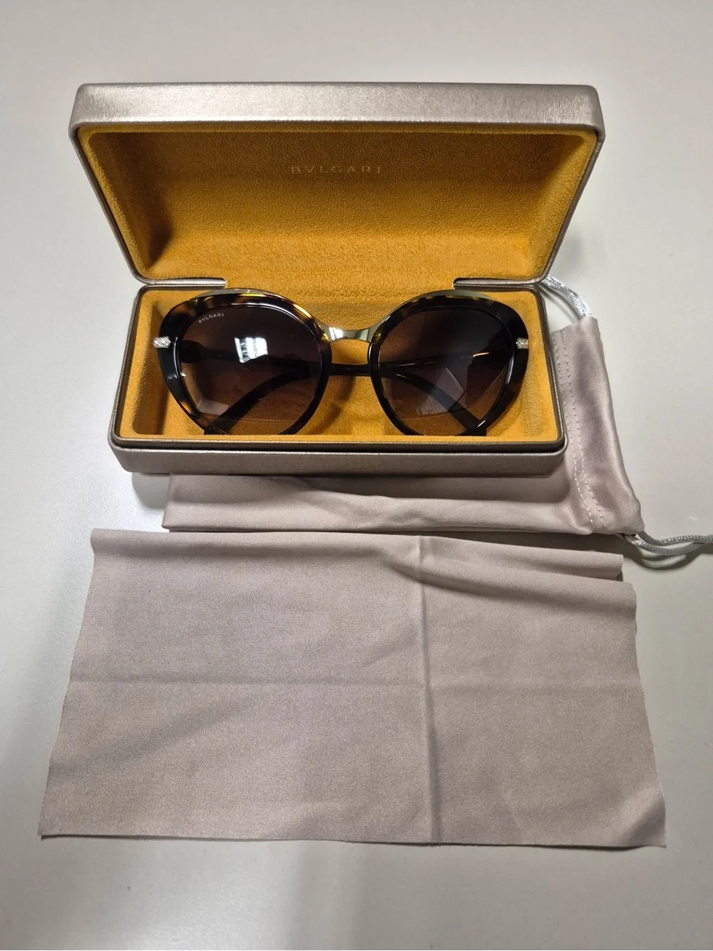 Bulgari Tortoiseshell Round Sunglasses with Brown Gradient Lenses